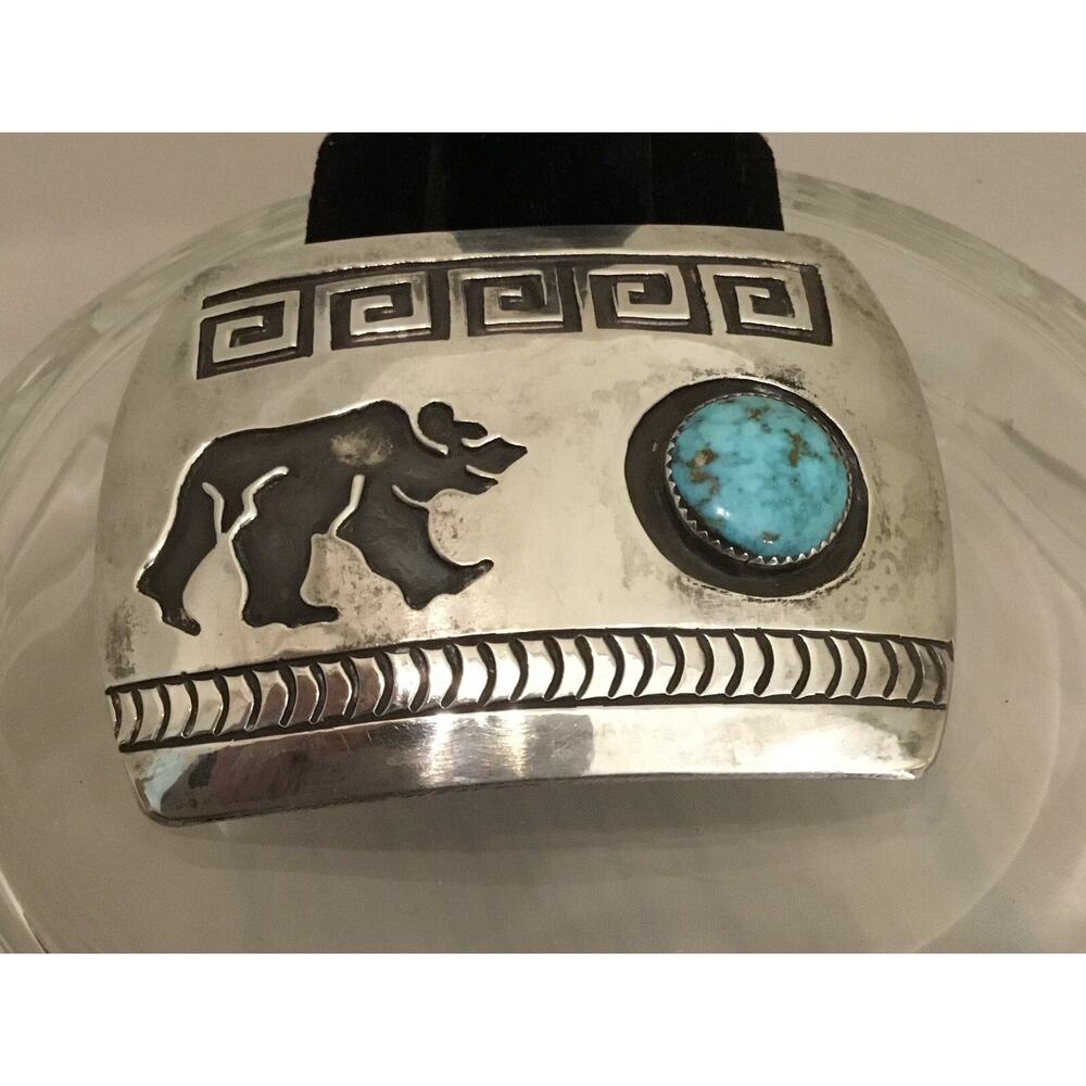 Navajo Rosco Scott Sterling Silver Overlay Turquoise Walking Bear Belt Buckle
